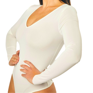 ROOM SERVICE V-Neck Long Sleeves Snap Closure Cream Bodysuit Soft Luxe Comfort